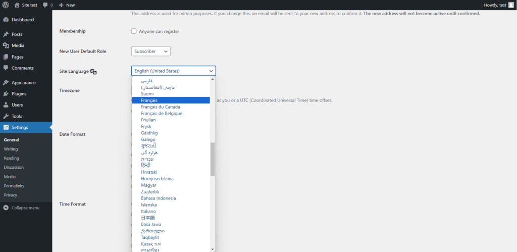 changer la langue du tableau de bord WordPress