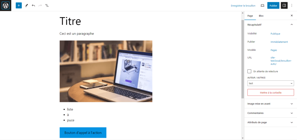 page de démo WordPress